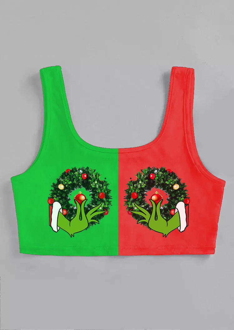 

Cartoon Hand Wreath Color Block Crop Tank Top - Green, 523470