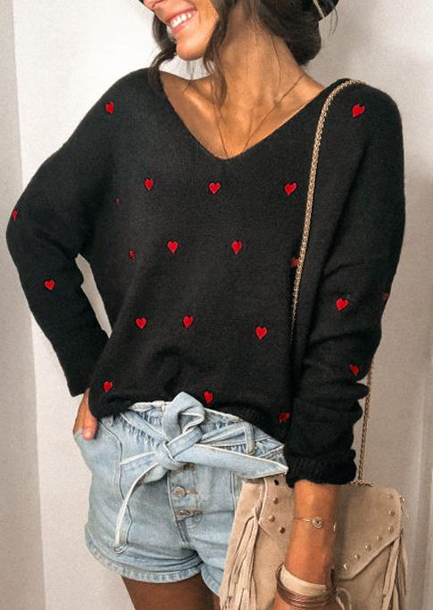 

Heart Pullover Long Sleeve V-Neck Sweater - Black, 523486