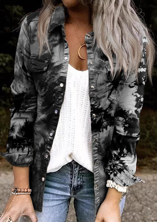 

Tie Dye Snap Button Pocket Ruffled Jacket - Black, 523539