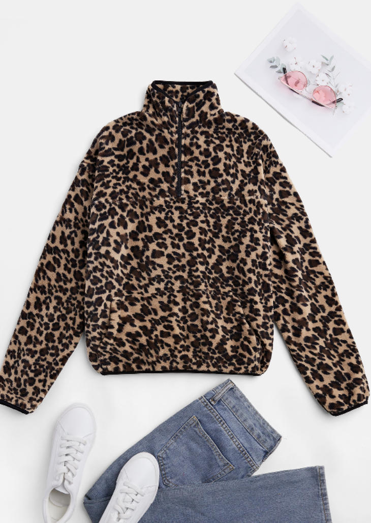 

Leopard Zipper Pocket Long Sleeve Sweatshirt - Brown, 523540