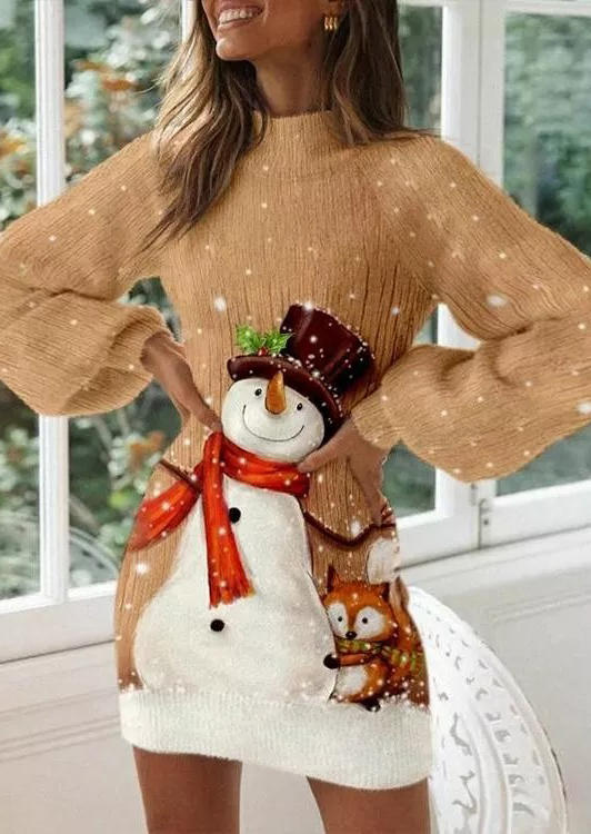 

Christmas Snowman Long Sleeve Mini Dress - Apricot, 523541