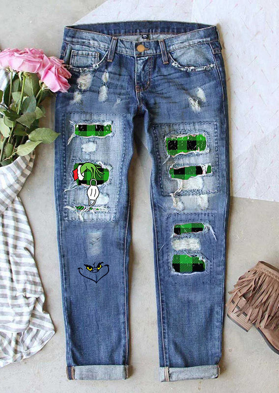 

Christmas Cartoon Plaid Ripped Frayed Jeans Pants - Blue, 523554