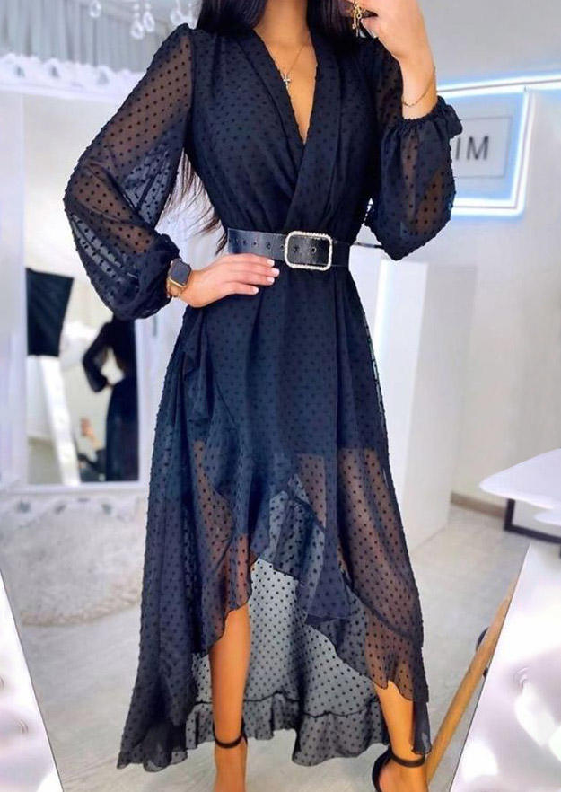 

Polka Dot Ruffled Asymmetric Maxi Dress - Deep Blue, 522516