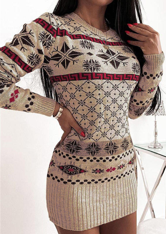 

Christmas Geometric Long Sleeve Bodycon Dress - Light Khaki, 522520