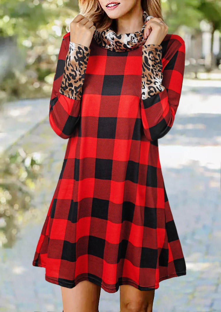 

Buffalo Plaid Leopard Cowl Neck Mini Dress, 522646