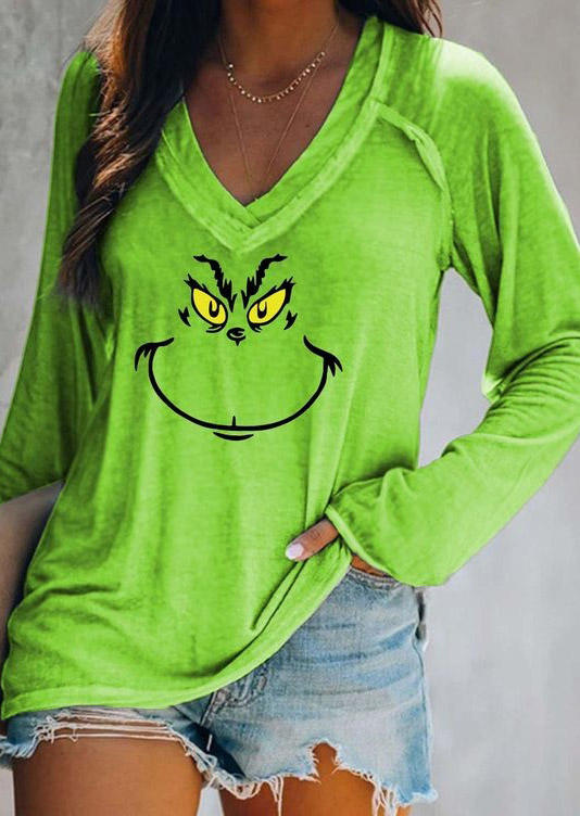 

Christmas Cartoon V-Neck Long Sleeve T-Shirt Tee - Green, 523064