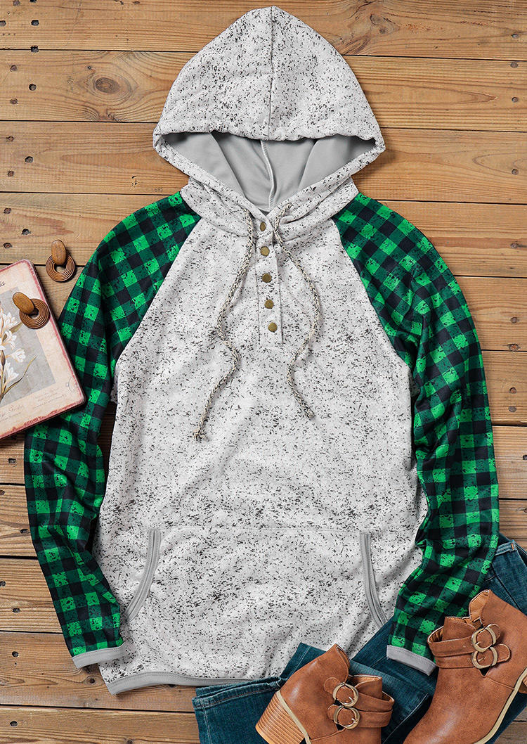 Plaid Button Kangaroo Pocket Hoodie - Green