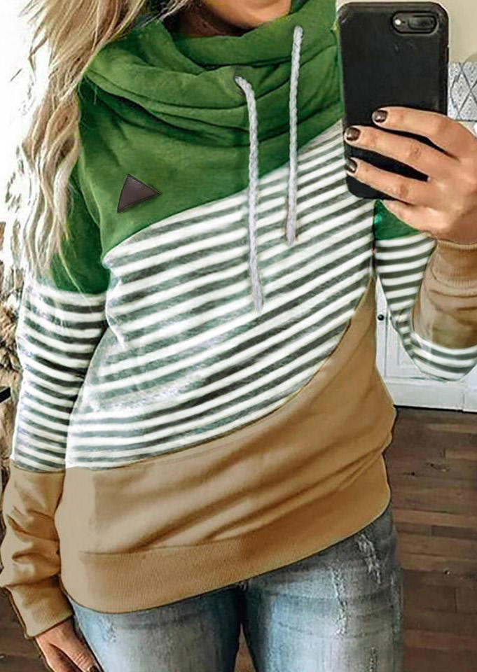 

Striped Splicing Long Sleeve Hoodie - Green, 523193
