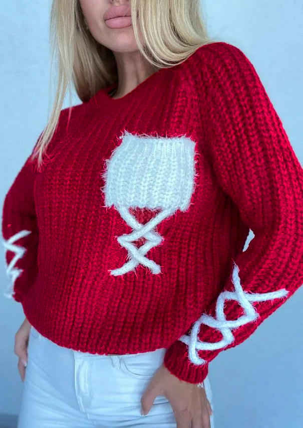 

Knitted O-Neck Drop Shoulder Sweater - Red, 523255