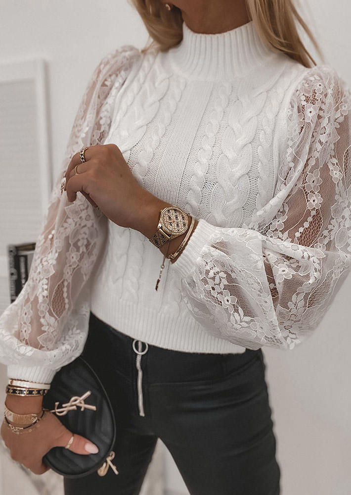 

Lace Turtleneck Long Sleeve Sweater - White, 523265