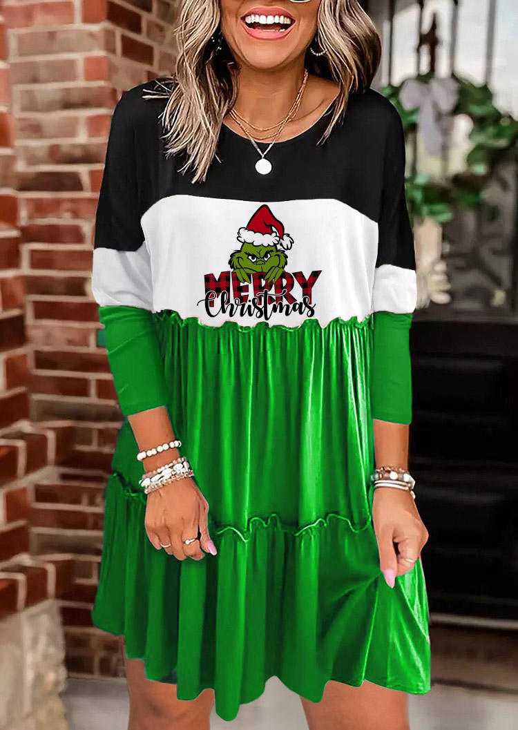 

Merry Christmas Cartoon Color Block Ruffled Mini Dress - Green, 523268
