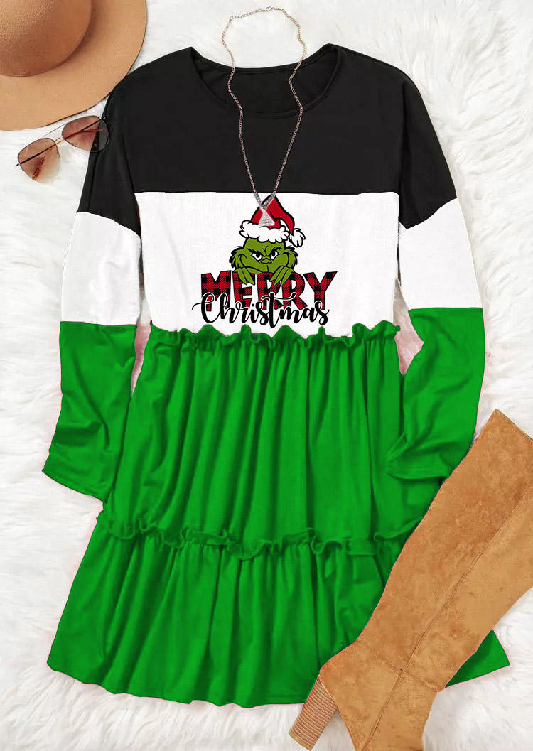 Merry Christmas Cartoon Color Block Ruffled Mini Dress - Green