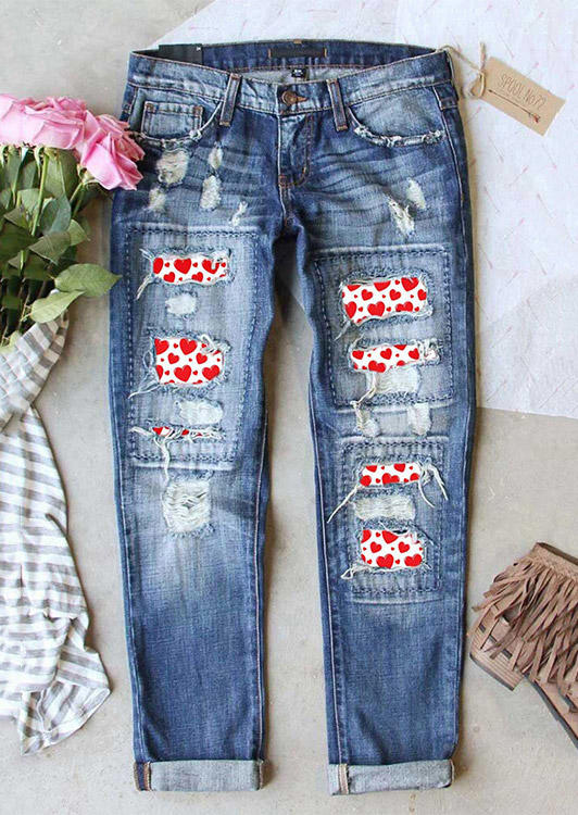 

Love Heart Ripped Hole Patch Distressed Denim Jeans - Blue, 523273