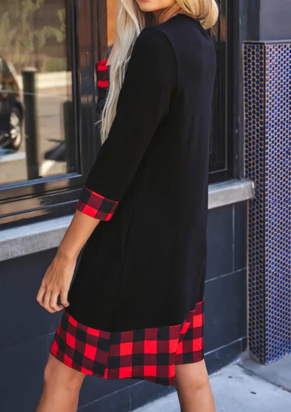 Buffalo Plaid Splicing Pocket Mini Dress - Black