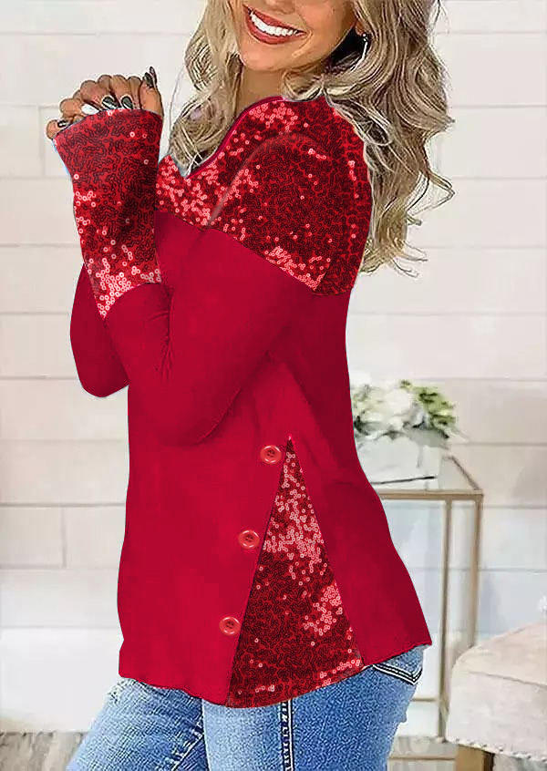 

Sequined Splicing Button Casual Blouse - Red, 523413