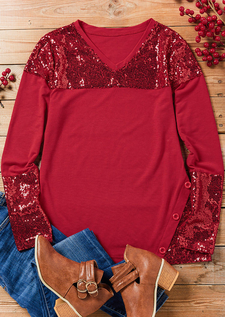 Sequined Splicing Button Casual Blouse - Red