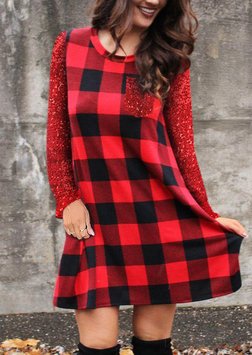 

Sequined Pocket Plaid Long Sleeve Mini Dress, 523558