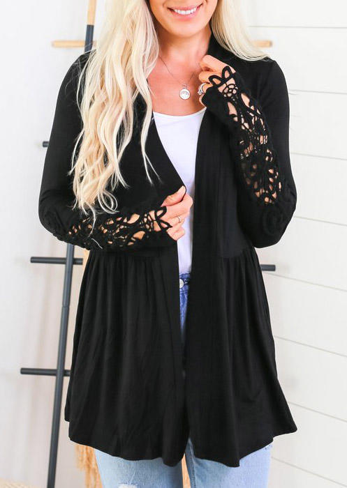 

Lace Splicing Hollow Out Ruffled Cardigan - Black, 523626