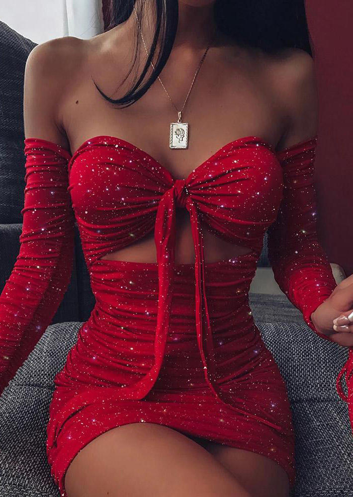 

Ruffled Hollow Out Tie Bodycon Dress - Red, 523681