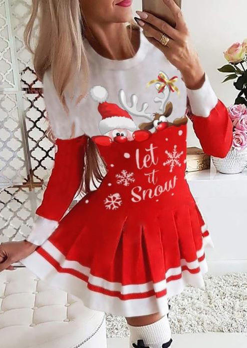 

Christmas Snowflake Let It Snow Pleated Mini Dress - Red, 523707