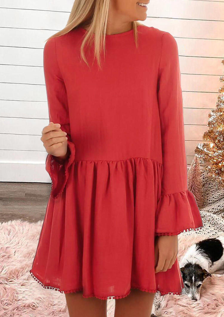 Pom Pom Trim Dip Hem Flare Sleeve Mini Dress - Watermelon Red