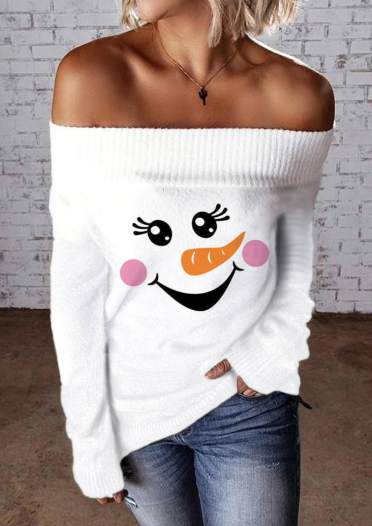 Christmas Snowman Face Off Shoulder Sweater - White