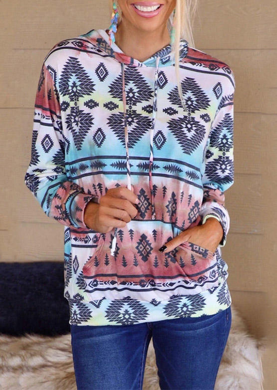 

Aztec Geometric Kangaroo Pocket Hoodie, Multicolor, 523163