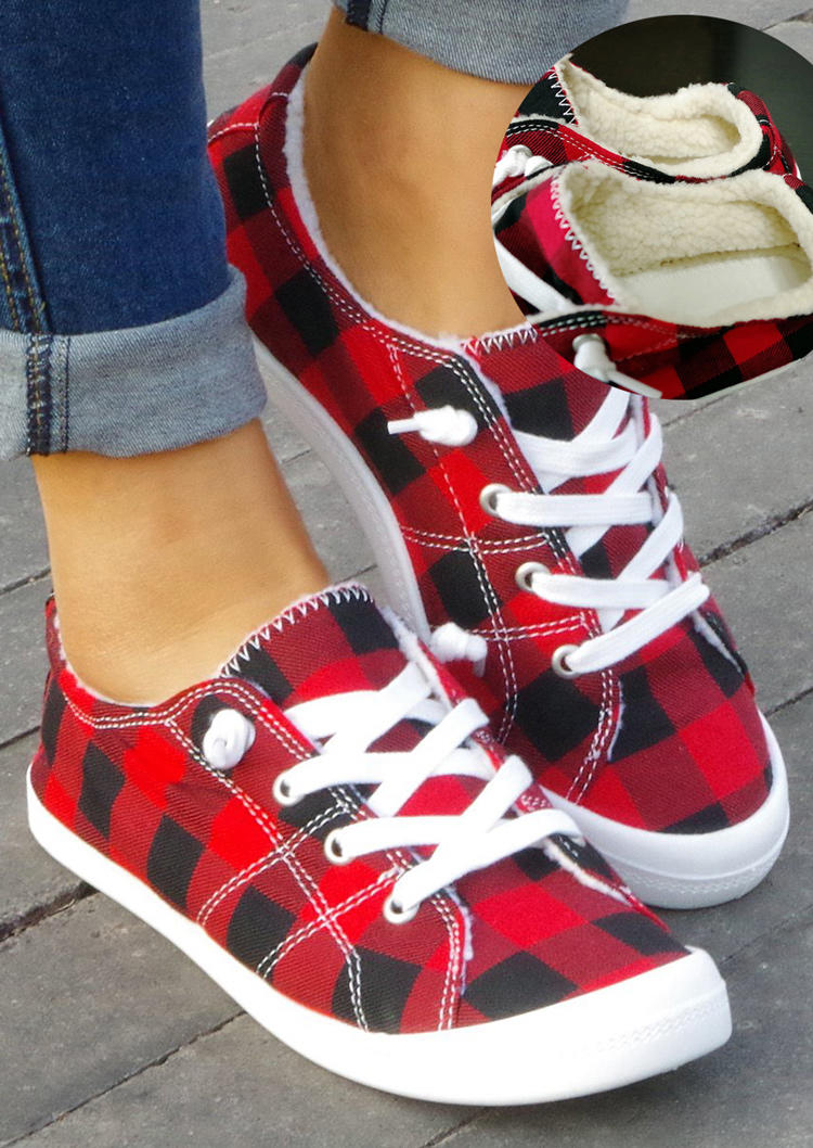 

Plaid Lace Up Round Toe Sneakers - Red, 523205