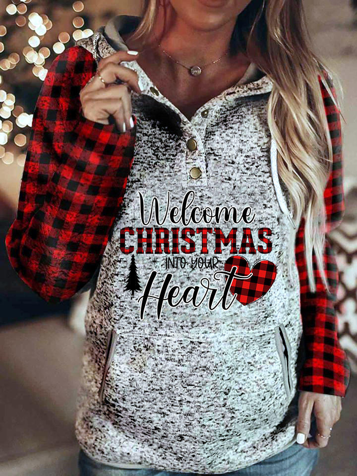 

Welcome Christmas Into Your Heart Buffalo Plaid Hoodie, Multicolor, 523216