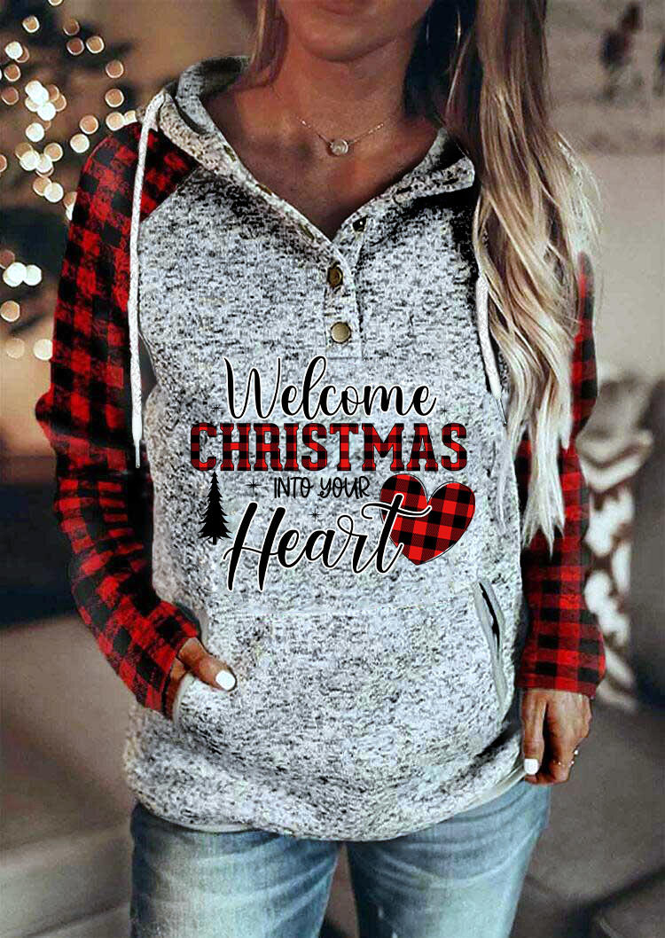 Buy Welcome Christmas Into Your Heart Buffalo Plaid Hoodie. Picture