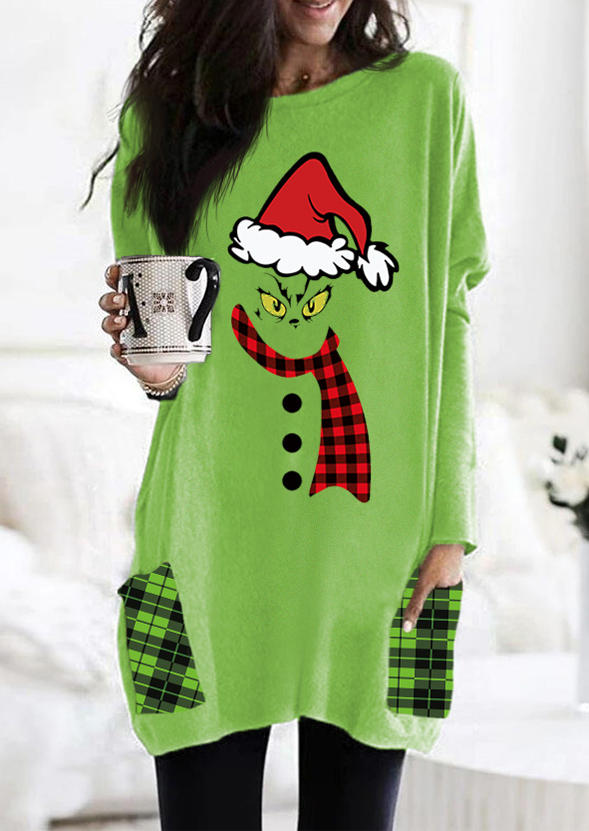 

Christmas Cartoon Pocket Plaid Mini Dress - Green, 523279
