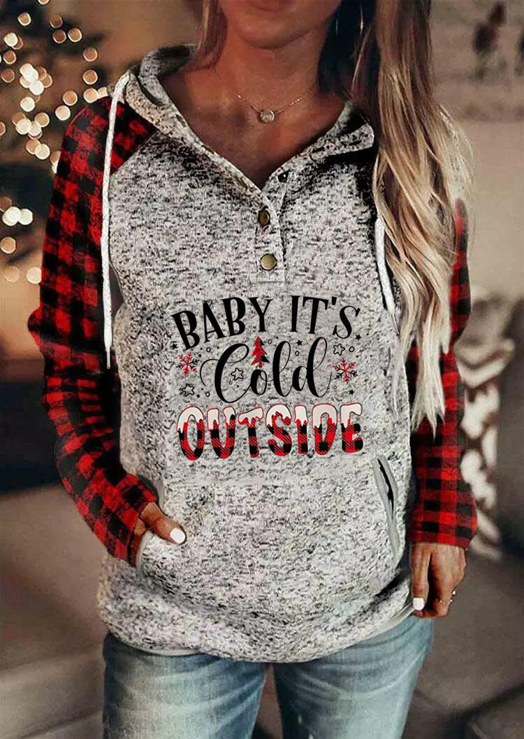 Baby It's Cold Outside Plaid Pocket Hoodie - Light Grey