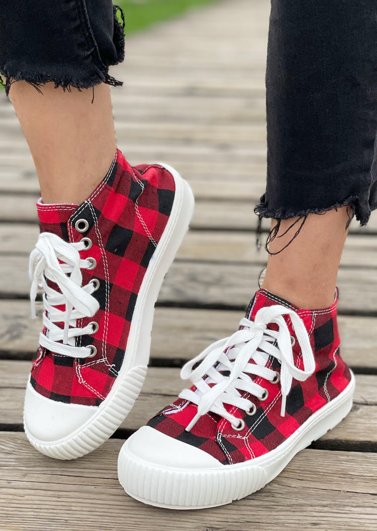 

Plaid Lace Up Flat Sneakers - Red, 523300