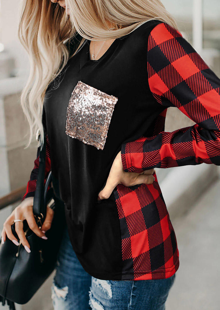 

Buffalo Plaid Sequined Pocket Blouse - Black, 523321