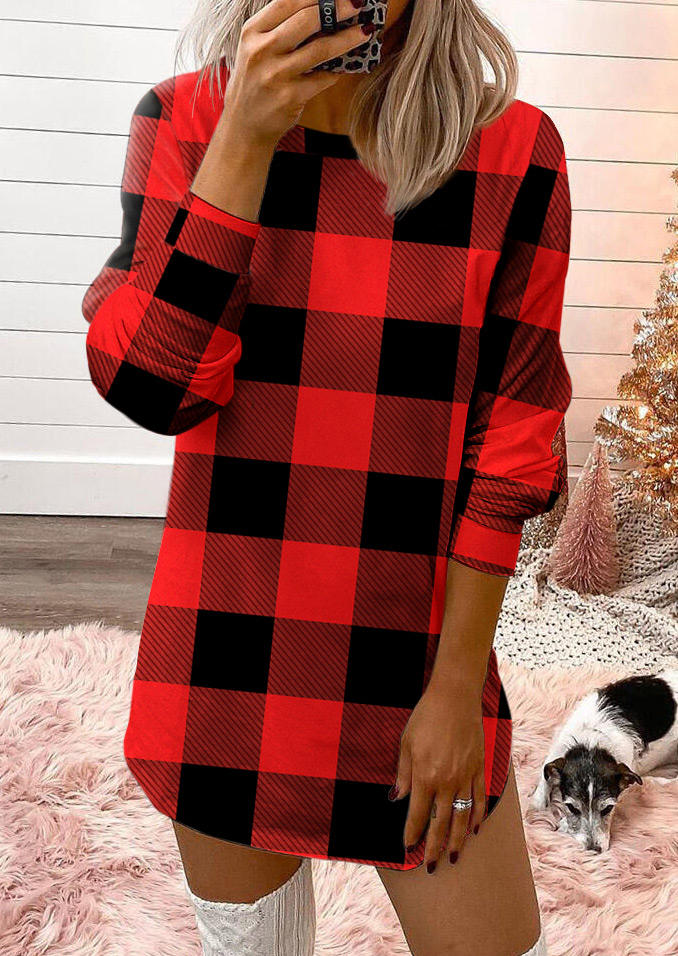 

Christmas Plaid Long Sleeve Mini Dress - Red, 523396