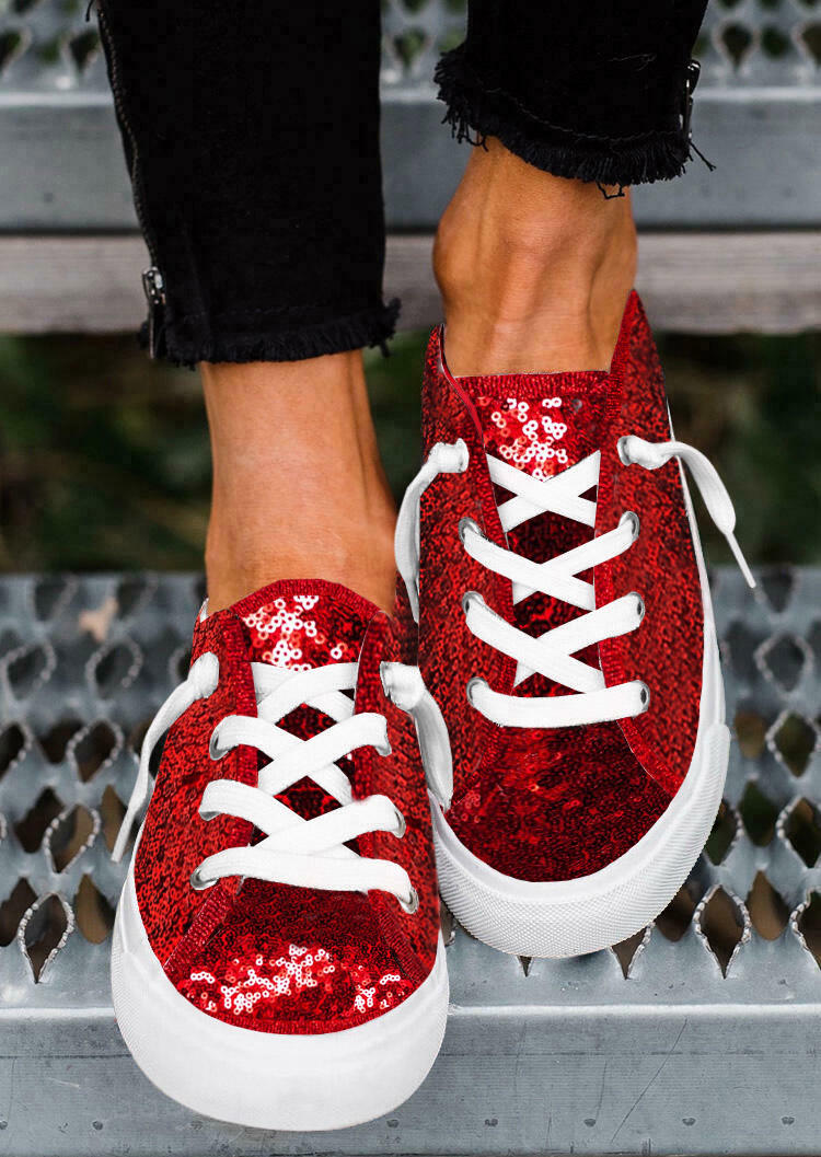 Sequined Lace Up Round Toe Sneakers - Red