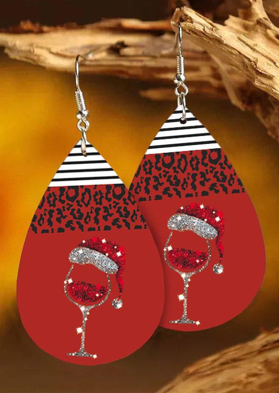 

Christmas Hat Wine Glass Leopard Striped Earrings - Red, 523409