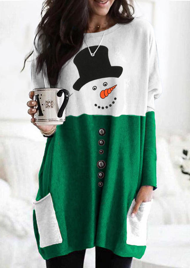 

Christmas Snowman Pocket Color Block Mini Dress - Green, 523444