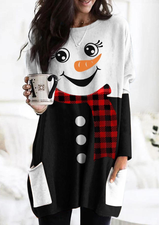 

Christmas Snowman Buffalo Plaid Pocket Mini Dress - Black, 523452