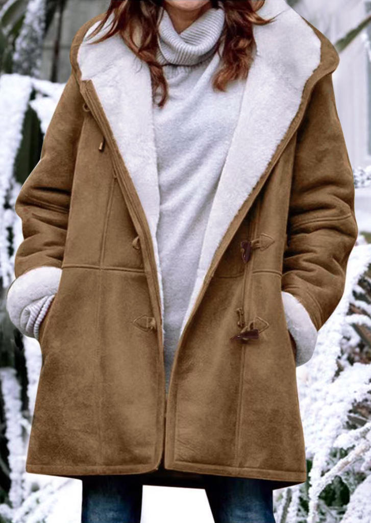 

Horn Button Pocket Plush Hooded Coat - Khaki, 523542