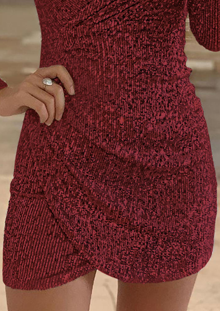 Sequined Wrap Long Sleeve Bodycon Dress - Burgundy