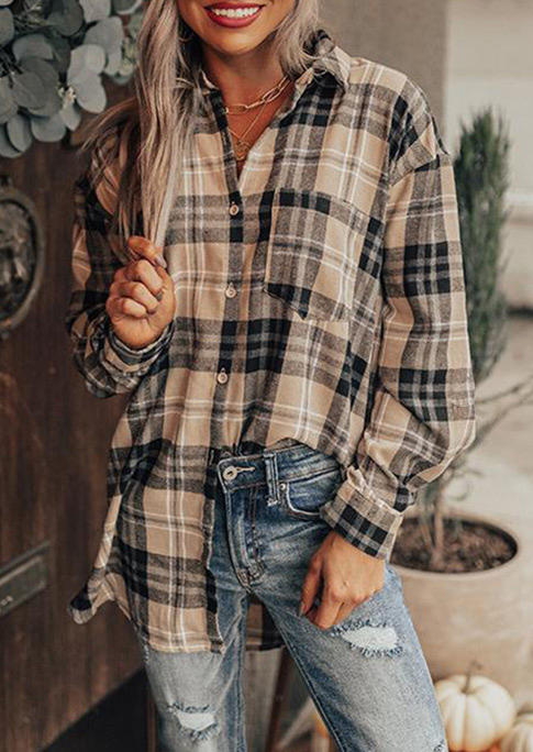 

Plaid Pocket Button Long Sleeve Shirt - Khaki, 521713