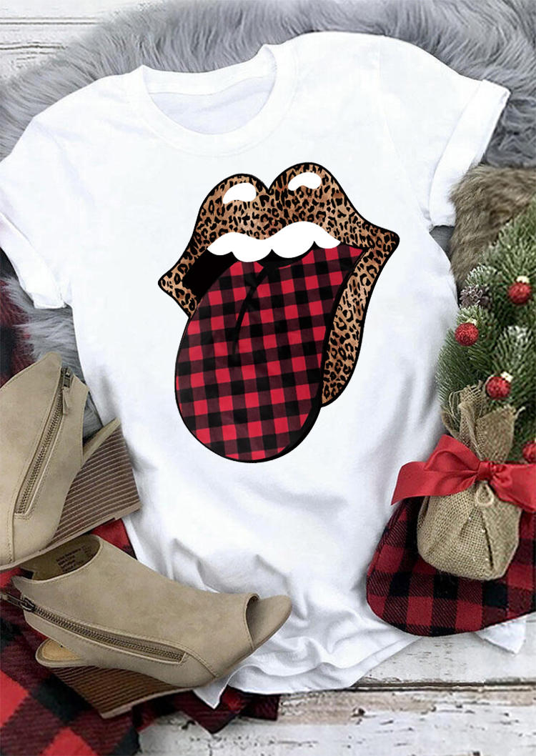 

Lips Leopard Plaid T-Shirt Tee - White, 522707