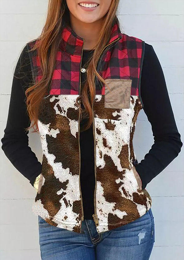 

Buffalo Plaid Cow Pocket Sleeveless Vest Coat - Red, 522732