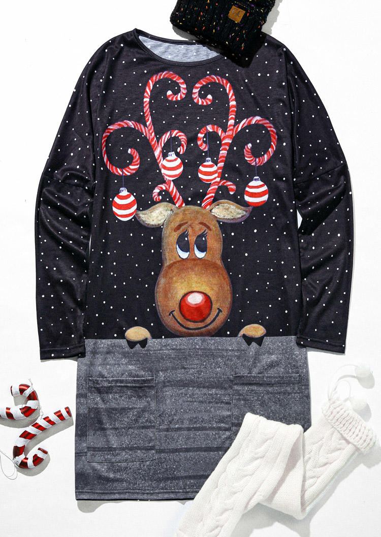 Christmas Reindeer Pocket Mini Dress - Black