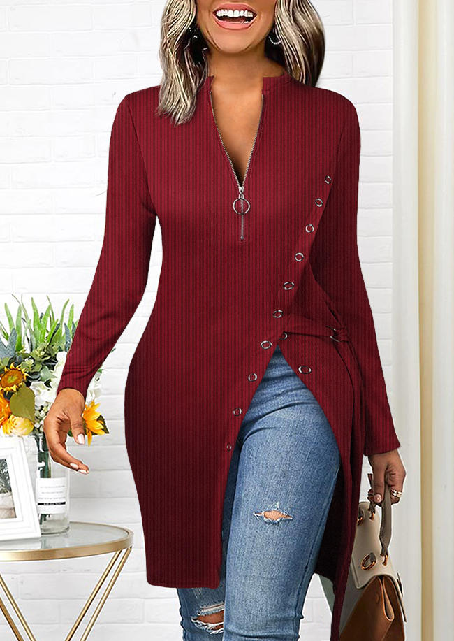 

Zipper Slit Long Sleeve Blouse - Burgundy, 523126