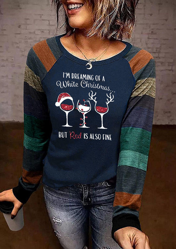 

White Christmas Wine Glass Blouse - Navy Blue, 523299