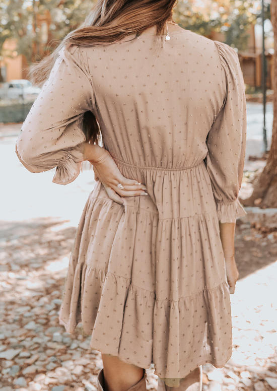 Dotted Swiss Button Ruffled Mini Dress - Beige