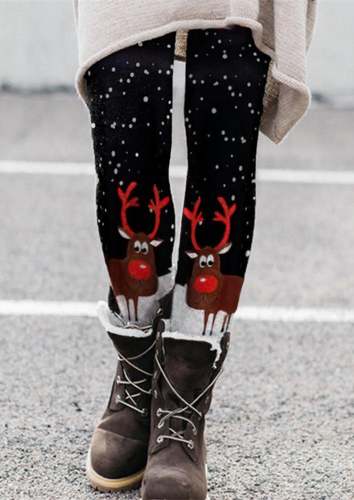 

Christmas Reindeer Elastic Waist Skinny Leggings - Black, 523393