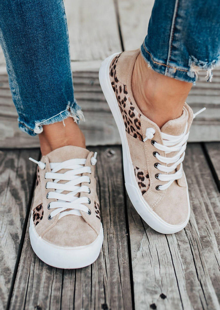 

Leopard Lace Up Flat Sneakers - Khaki, 523415